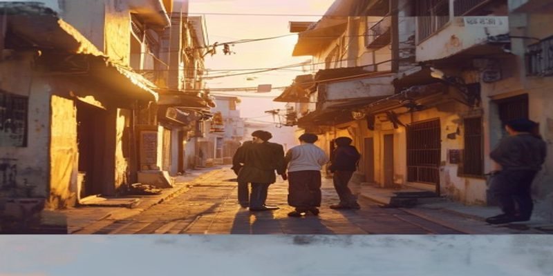 国产剧情短片《归途》拍摄现场，导演与演员在夕阳下的老街巷中对戏，暖色调画面充满人文情怀与国产影视的创作温度